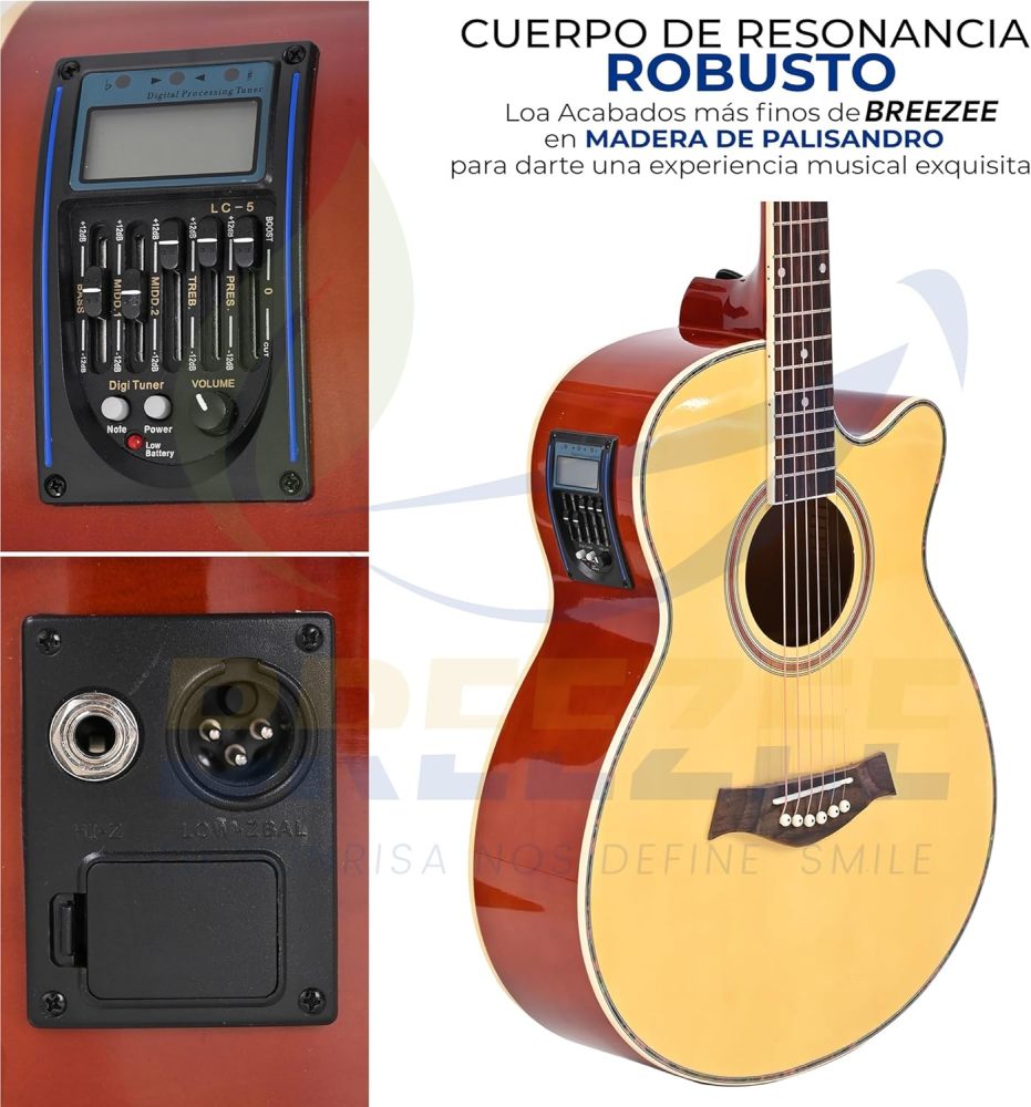 Guitarra Electroacústica de 40” Diseñada sobre Abeto, Merbau, Okume y Palisandro. Acabado de Barniz en Pulverización, Incluye Set de Accesorios Completo para Principiante