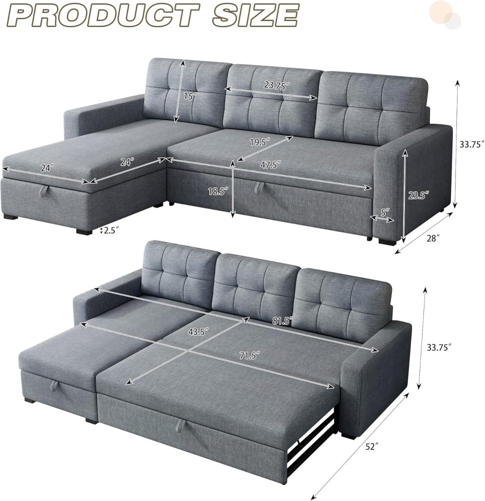 Sofá cama, sofá extraíble en forma de L con chaise longue con espacio de almacenamiento