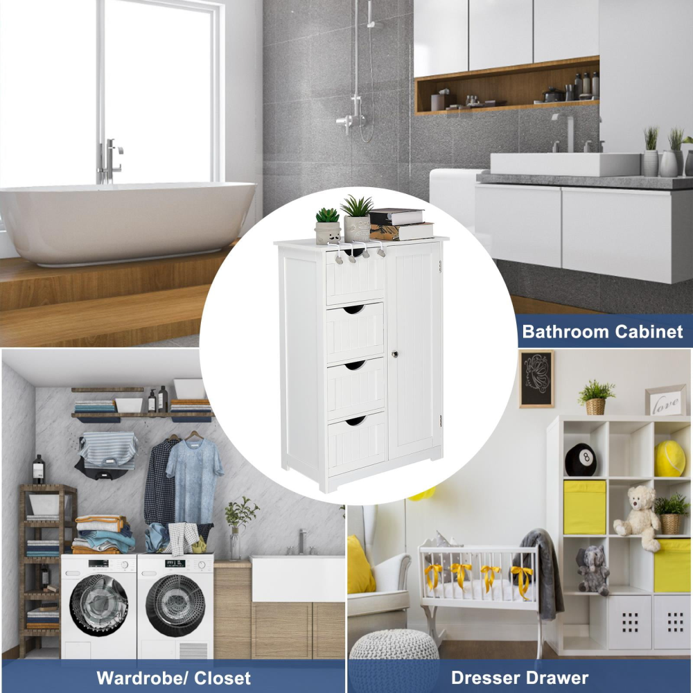 Mueble de baño de madera, organizador de almacenamiento lateral con 4 cajones, 1 armario y 2 estantes, color blanco