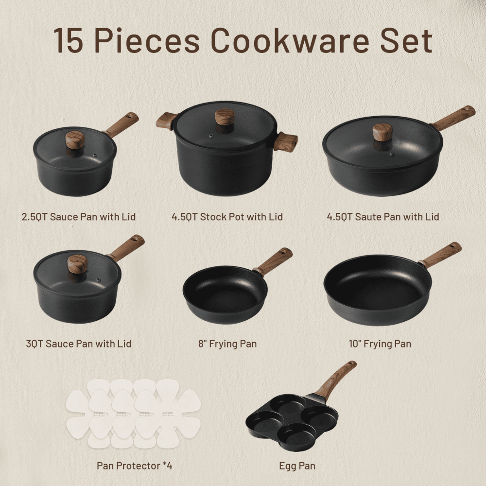 Juegos de utensilios de cocina antiadherentes, juego de 15 ollas y sartenes antiadherentes de granito, utensilios de cocina de inducción, color negro