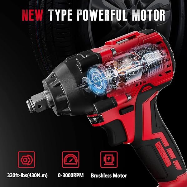 Llave de impacto, pistola de impacto de 1/2", destornillador de impacto eléctrico con par máximo de 320 ft-lb (430 Nm), llave de impacto inalámbrica
