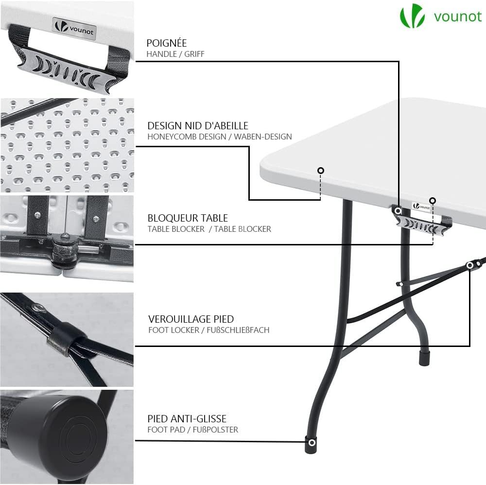 Mesa plegable portátil informal y 2 bancos de 180 cm, conjunto de muebles de jardín para exterior, adecuado para picnic, camping, barbacoa, color blanco