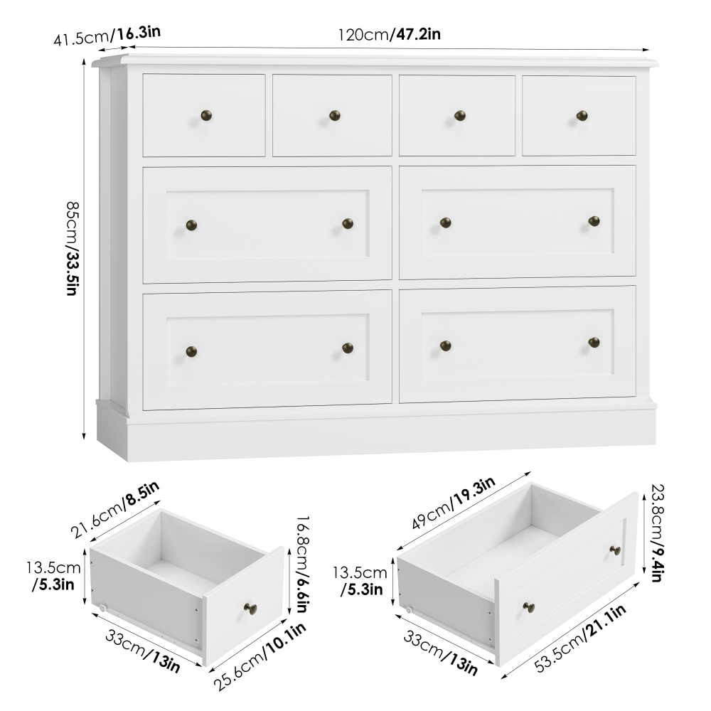 Cómoda horizontal combinada de 8 cajones para dormitorio, cómoda blanca moderna, mueble de almacenamiento de madera para sala de estar