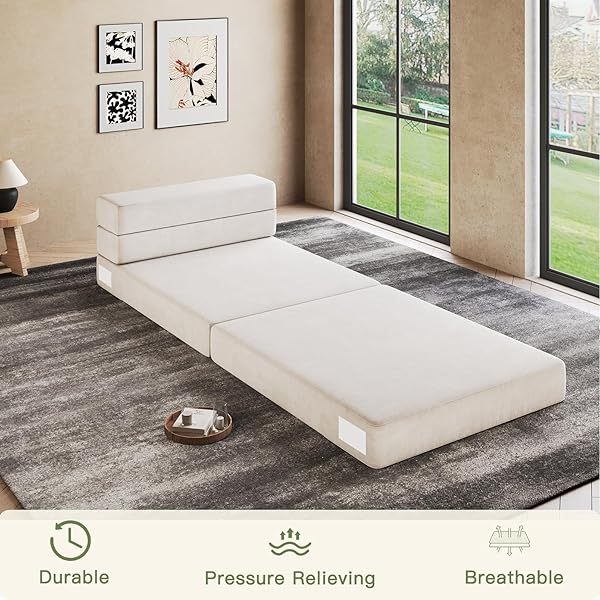 Sofá cama plegable individual con almohada, sofá cama plegable portátil para viajes, campamentos, invitados, tumbona plegable con funda transpirable y lavable, convertible y fácil de guardar, color blanco roto