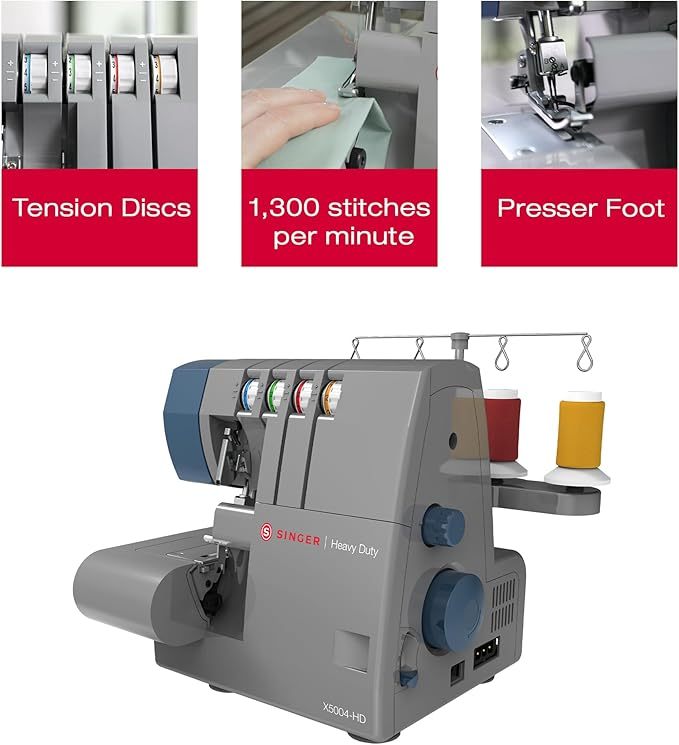 X5004HD Serger resistente con marco de metal, capacidad para 2/3/4 hilos y cuchillo de corte 60% más grande, costura fácil