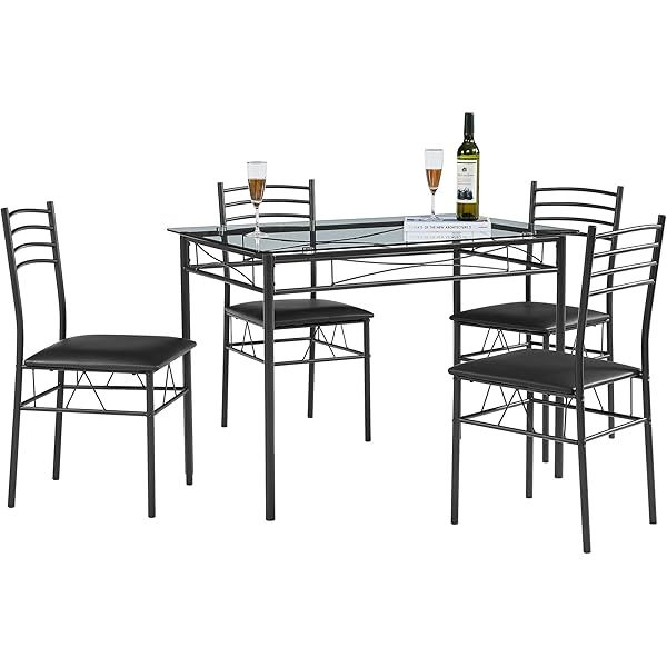 juego de mesa de comedor con mesa de vidrio para 4, Negro