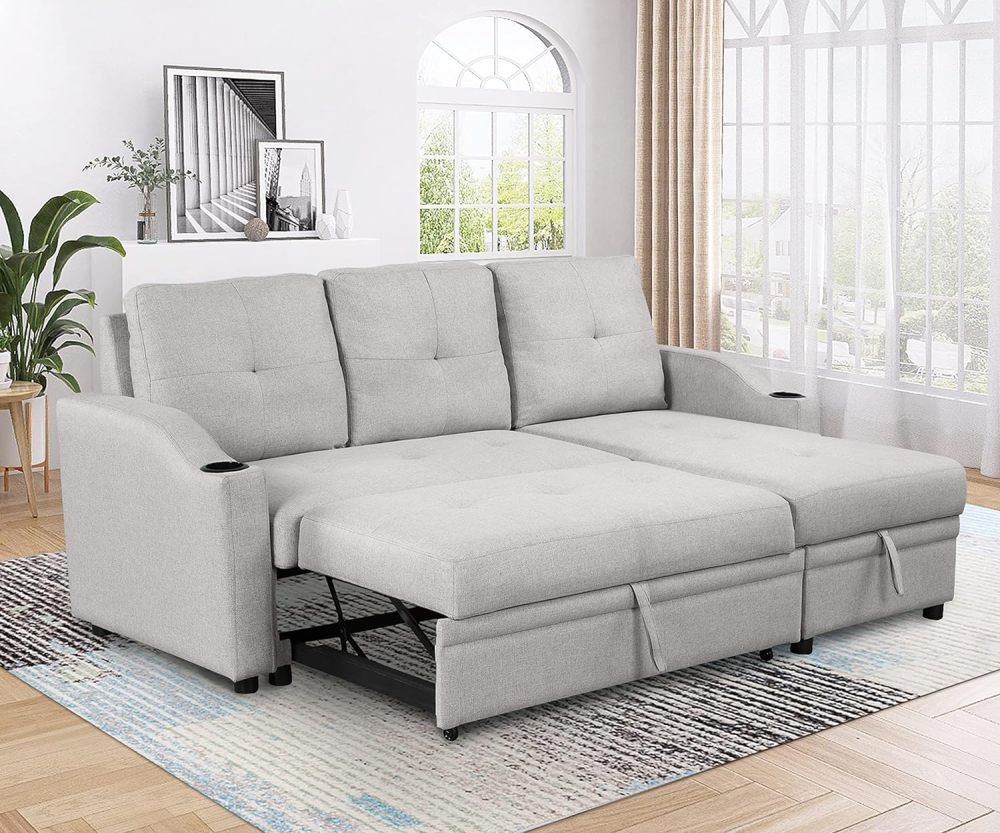 Sofá seccional convertible, sofá cama extraíble con 3 almohadas y 2 puertos USB