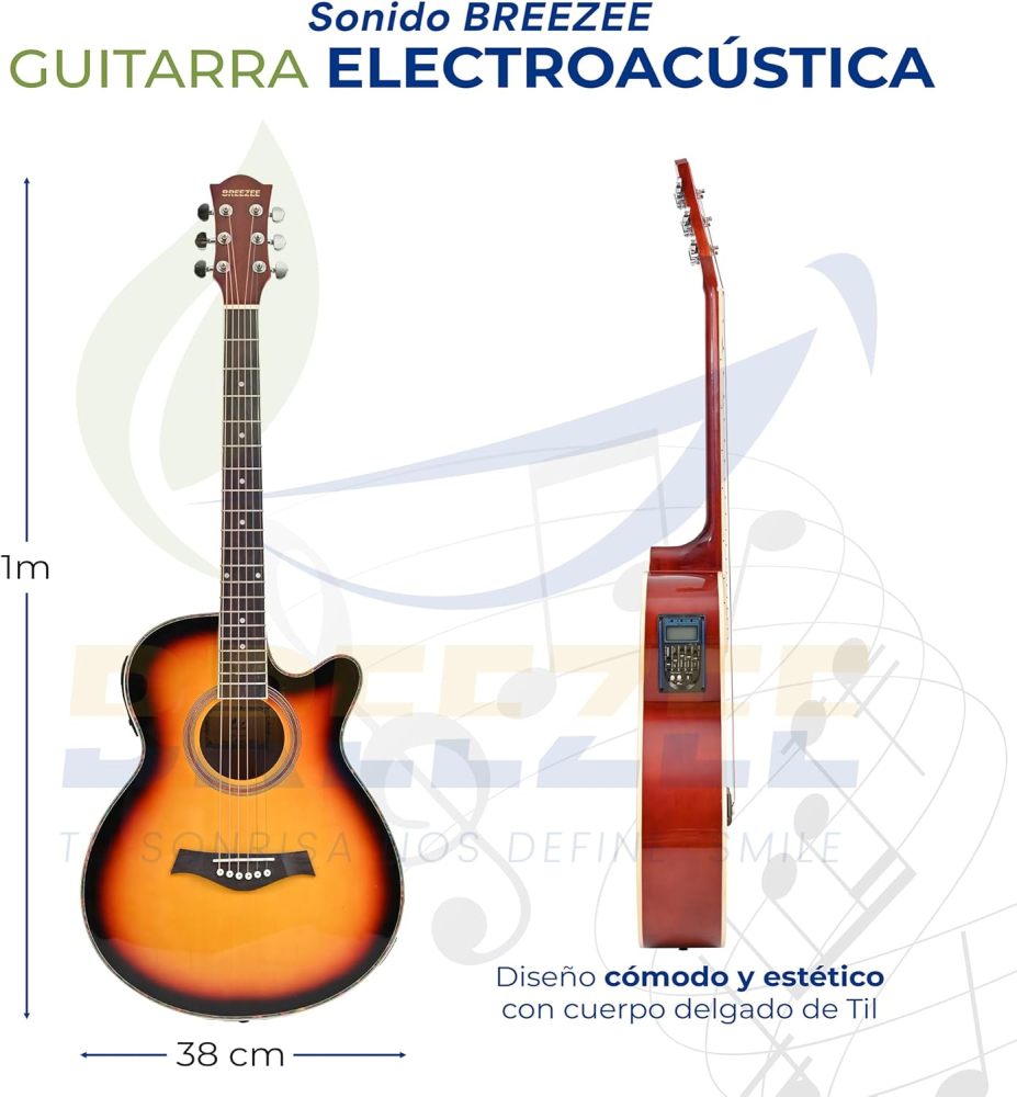 Guitarra Electroacústica de 40” Diseñada sobre Abeto, Merbau, Okume y Palisandro. Acabado de Barniz en Pulverización, Incluye Set de Accesorios Completo para Principiante