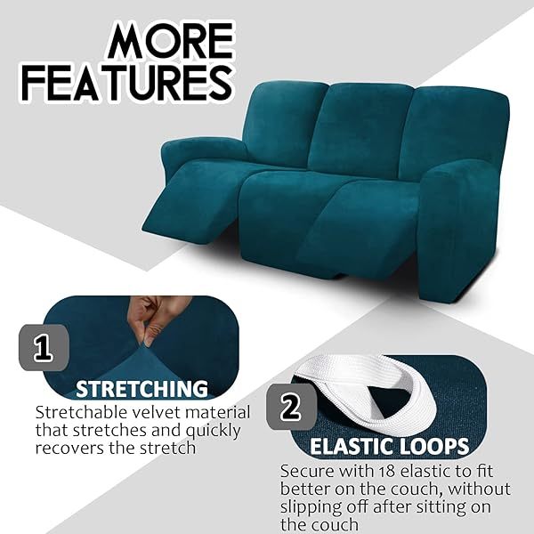 Fundas de sofá reclinables de terciopelo de 8 piezas, fundas elásticas para sofá reclinable de 3 cojines, fundas para sofá reclinable, muebles