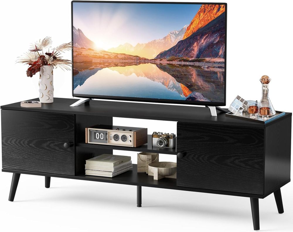 Soporte de TV para TV de 55 a 60 Pulgadas, Centro de Entretenimiento con clóset de Almacenamiento, Mesa Moderna de Consola Multimedia de Mediados de Siglo, bisagra Ajustable, Muebles de