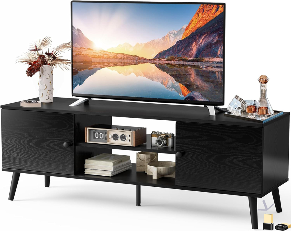 Soporte de TV para TV de 55 a 60 Pulgadas, Centro de Entretenimiento con clóset de Almacenamiento, Mesa Moderna de Consola Multimedia de Mediados de Siglo, bisagra Ajustable, Muebles de