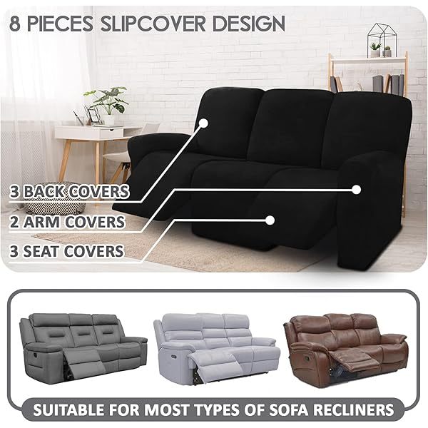Fundas de sofá reclinables de terciopelo de 8 piezas, fundas elásticas para sofá reclinable de 3 cojines, fundas para sofá reclinable, muebles