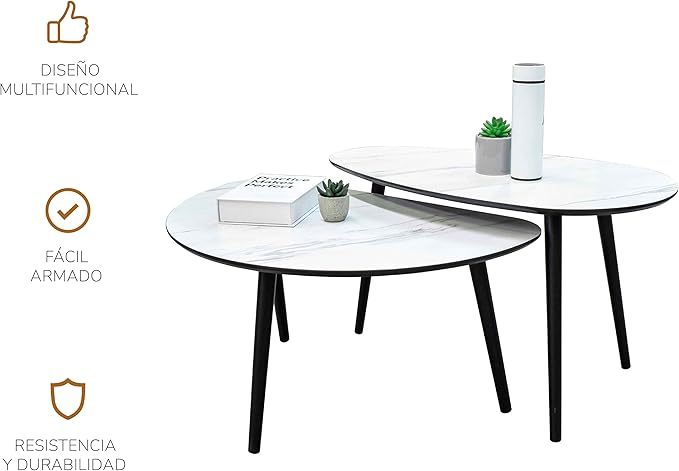 Mesa de Centro para Sala Tipo Marmol para Sala, Set de 2 Piezas, Juego de Mesa, de Cafe o Mesas Laterales Auxiliares, Estructura Resistente, Diseño Moderno
