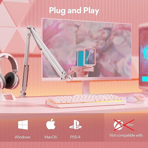Micrófono USB para juegos, micrófono de condensador con cancelación de ruido, silenciador, ganancia, monitoreo y brazo articulado para transmisión