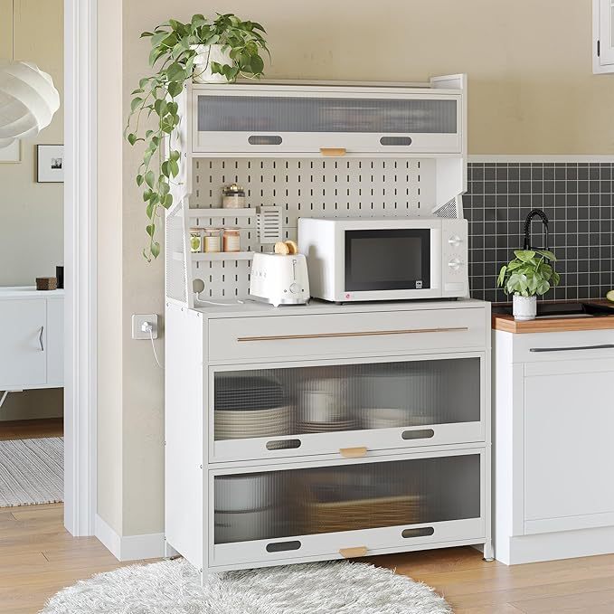 Armario de Cocina, Estante para Microondas, Gran Estante de Almacenaje de Cocina, DIY Creativo, con Ruedas de Freno, para Garaje, Despensa, Cocina, Hogar, Blanco 100×40×165cm