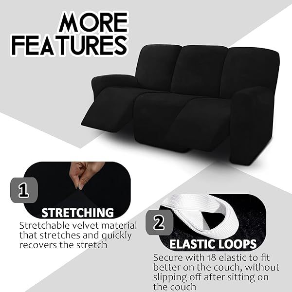 Fundas de sofá reclinables de terciopelo de 8 piezas, fundas elásticas para sofá reclinable de 3 cojines, fundas para sofá reclinable, muebles