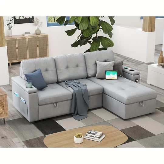 Sofá cama capitoné extra grande de 84" con almacenamiento - 2 puertos USB, portavasos, sillón reclinable en forma de L, estructura de madera maciza y estilo contemporáneo - Gris claro
