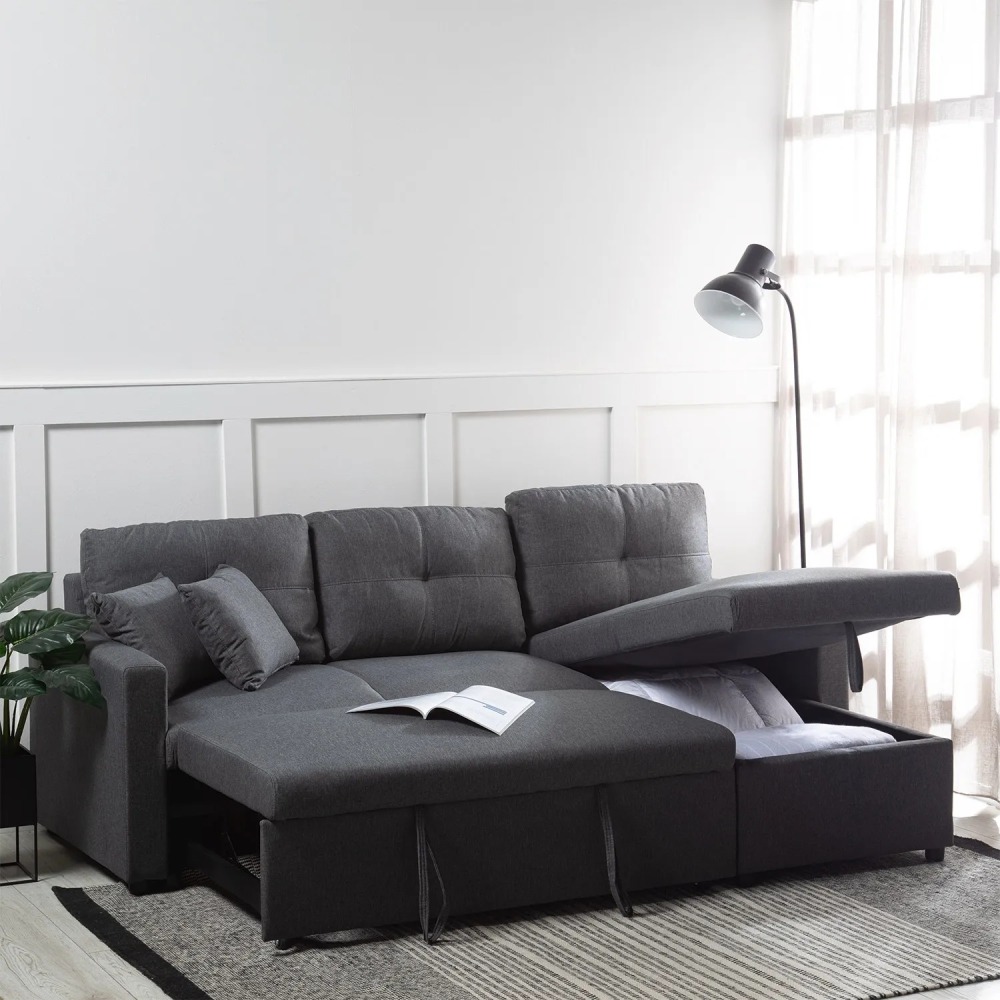 Sofá Seccional Cama 2 Plazas Lino Gris Sidney KMB1002GR
