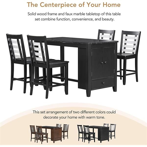 Juego de mesa de comedor de altura de mostrador con 4 sillas, mesa de cocina de madera maciza con gabinete de almacenamiento y cajón, tablero de mesa de mármol sintético, color negro