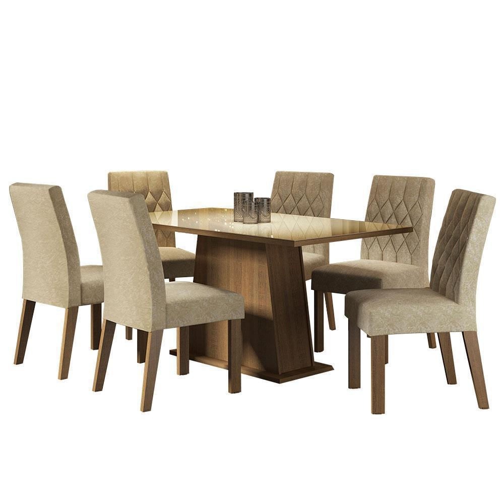 Juego De Comedor Stéfani Con 6 Sillas Tablero De Madera Y Cubierta De Cristal Marrón/Crema/Imperial
