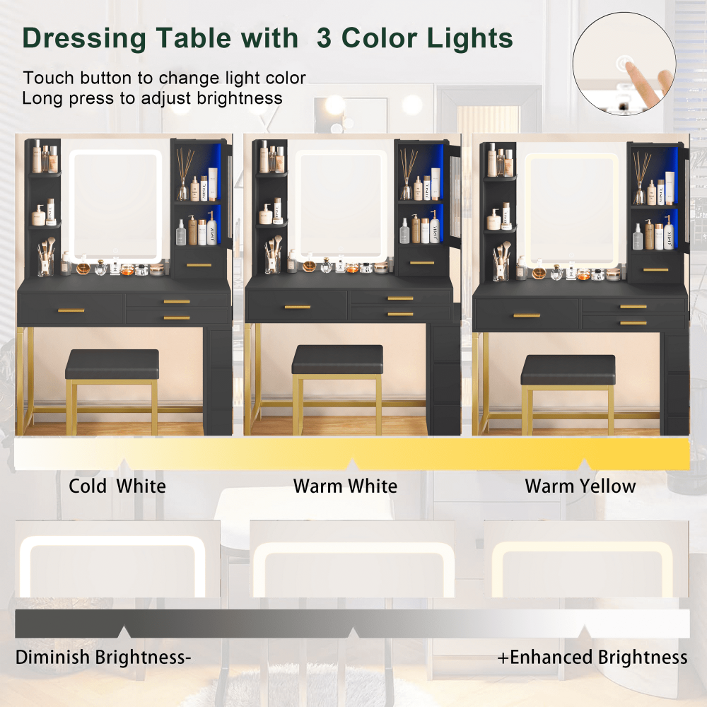 Juego de mesa de comedor para 4, mesa de comedor de 43,3" con 4 sillas tapizadas de cuero sintético, juego de tocador para maquillaje