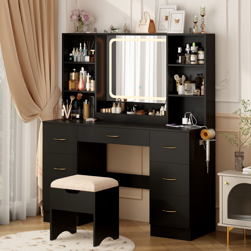 Tocador grande de 47" con espejo con luz LED, toma de corriente y 7 cajones, juego de tocador con taburete de almacenamiento y soporte para secador de pelo.