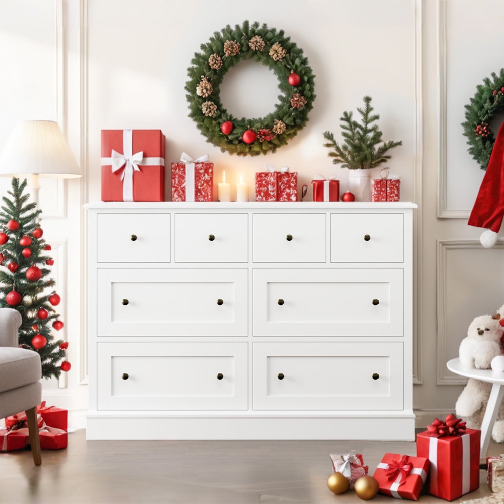 Cómoda horizontal combinada de 8 cajones para dormitorio, cómoda blanca moderna, mueble de almacenamiento de madera para sala de estar