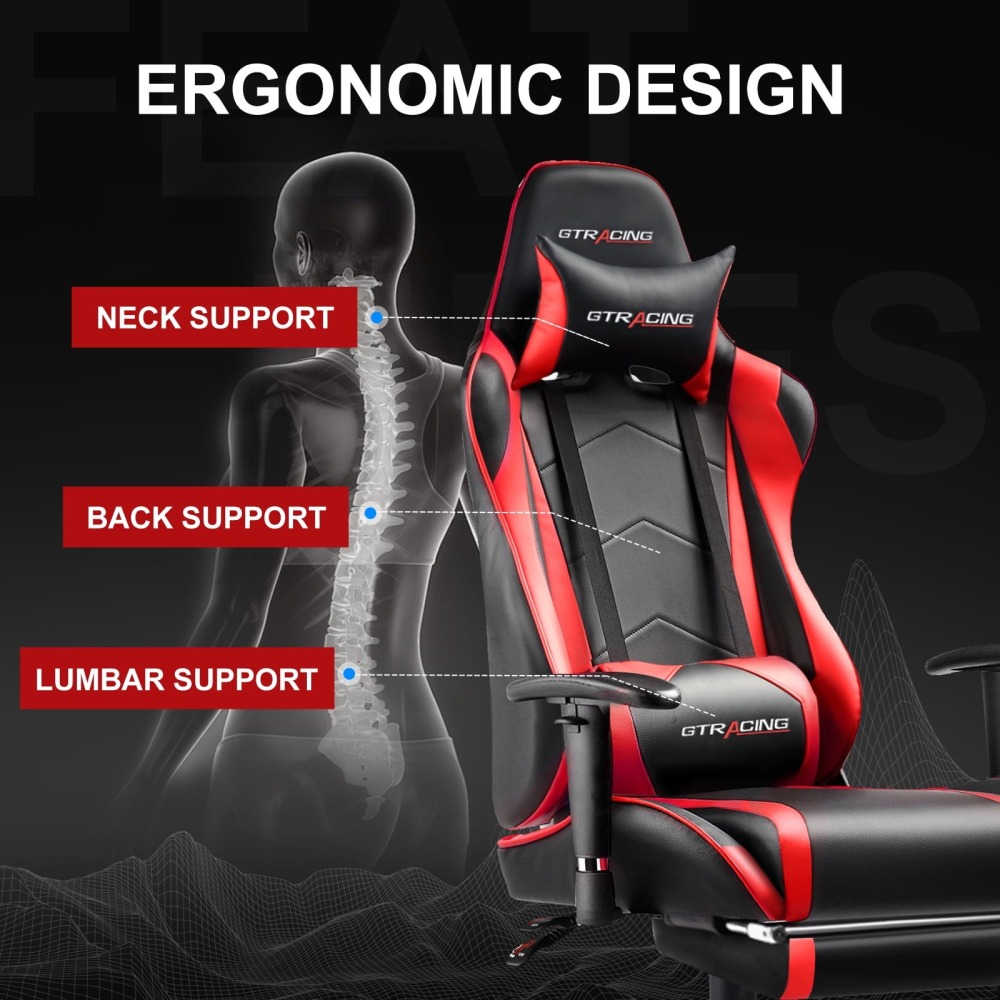 Silla gaming, silla ergonómica de escritorio con soporte lumbar, cuero sintético, reposapiés y reposacabezas ajustable.
