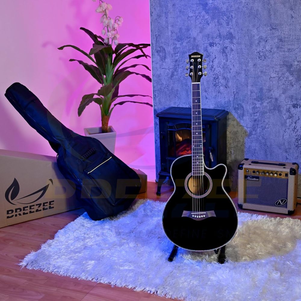 Guitarra Electroacústica de 40” Diseñada sobre Abeto, Merbau, Okume y Palisandro. Acabado de Barniz en Pulverización, Incluye Set de Accesorios Completo para Principiante