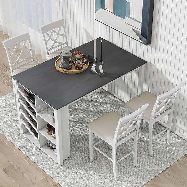 Juego de mesa de comedor de altura de mostrador con 4 sillas, mesa de cocina de madera maciza con gabinete de almacenamiento y cajón, tablero de mesa de mármol sintético, color negro