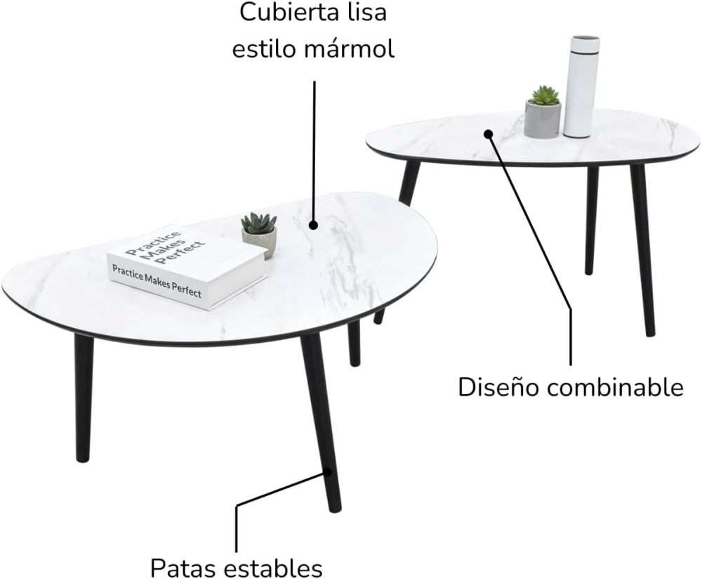 Mesa de Centro para Sala Tipo Marmol para Sala, Set de 2 Piezas, Juego de Mesa, de Cafe o Mesas Laterales Auxiliares, Estructura Resistente, Diseño Moderno