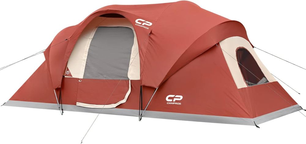 CAMPROS CP - Tienda de campaña para 9 personas, resistente al agua para 2 habitaciones, con mosca superior, 4 ventanas de malla grandes, doble capa, fácil de instalar, portátil con bolsa de transporte
