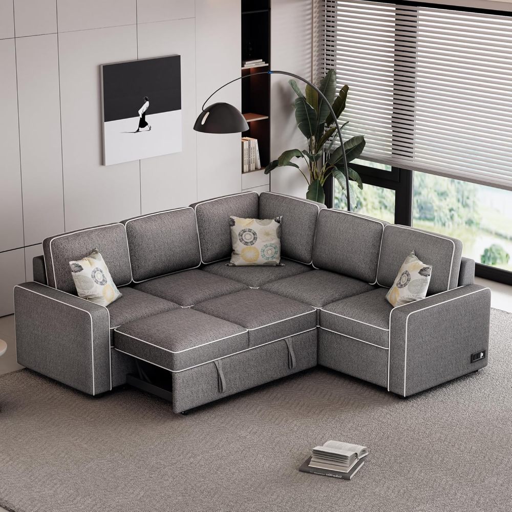 Sofá seccional convertible, sofá cama extraíble con 3 almohadas y 2 puertos USB