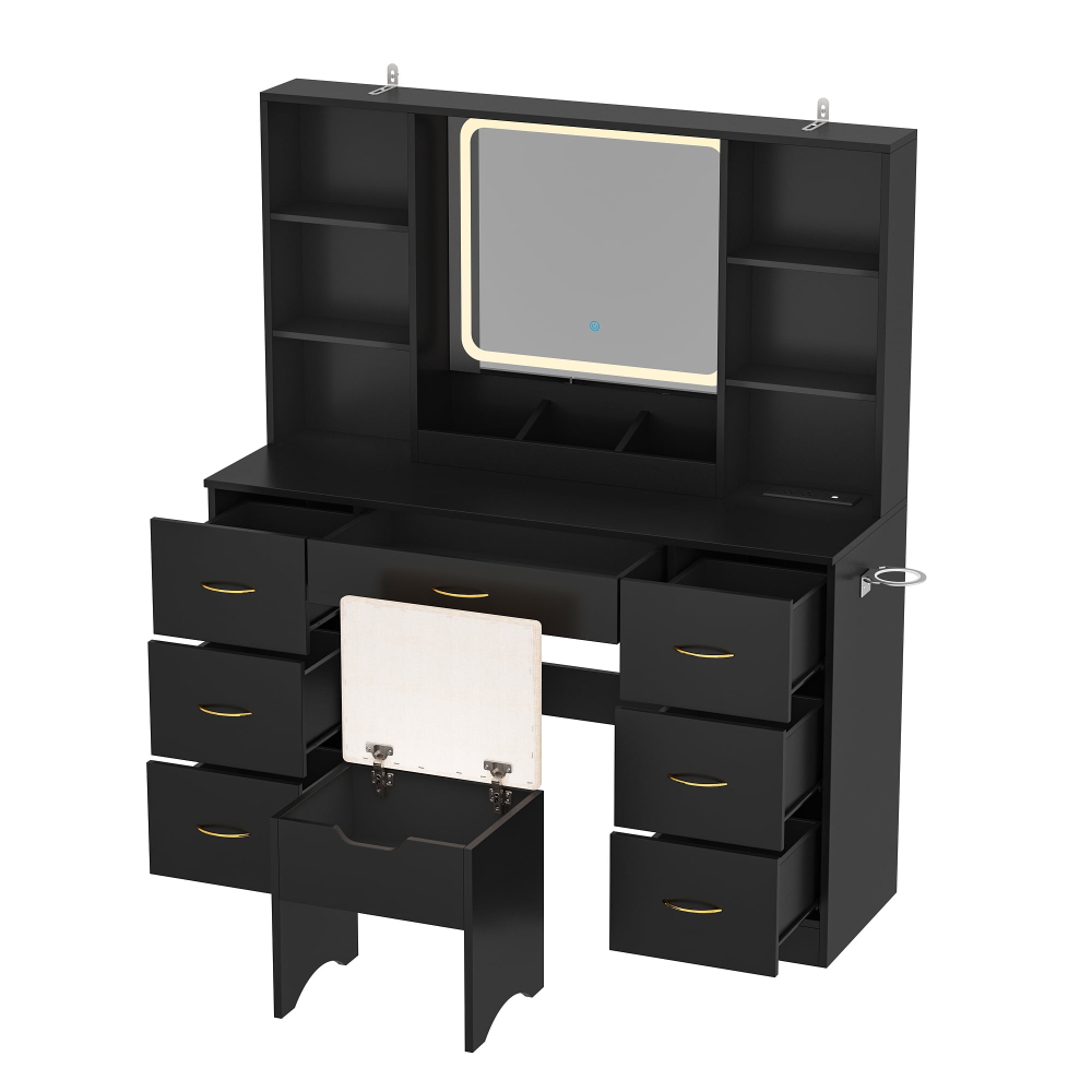 Tocador grande de 47" con espejo con luz LED, toma de corriente y 7 cajones, juego de tocador con taburete de almacenamiento y soporte para secador de pelo.