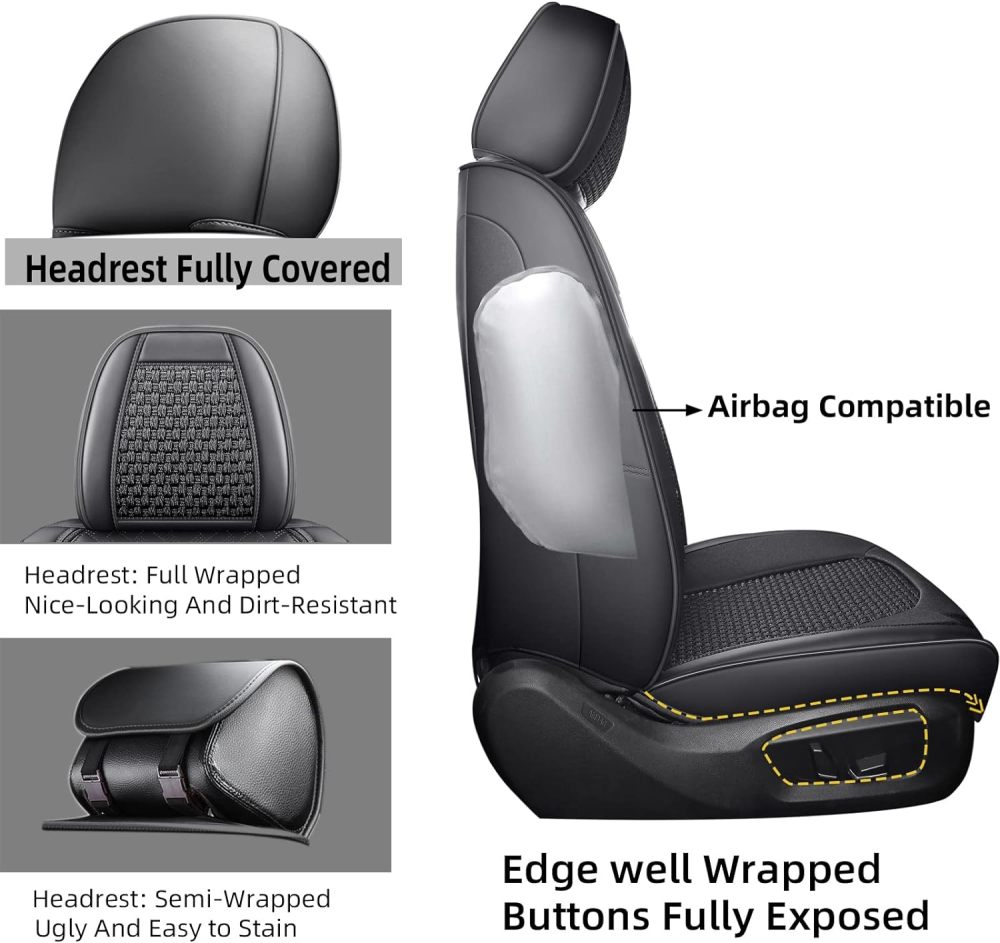 hikeaglauto Juego completo de fundas de asiento de coche, de piel sintética para autos, SUV, súper transpirables, universales, para la mayoría de los sedanes (juego completo, negro)