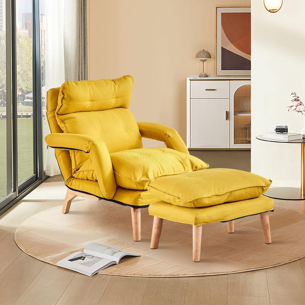 Modern Living Room Accent Chair w/ Ottoman, Comfy Linen Armchair w/ Adjustable Backrest, Solid Wood Legs, Sofa Chair w/Footrest
