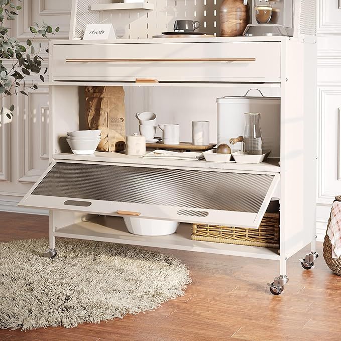 Armario de Cocina, Estante para Microondas, Gran Estante de Almacenaje de Cocina, DIY Creativo, con Ruedas de Freno, para Garaje, Despensa, Cocina, Hogar, Blanco 100×40×165cm