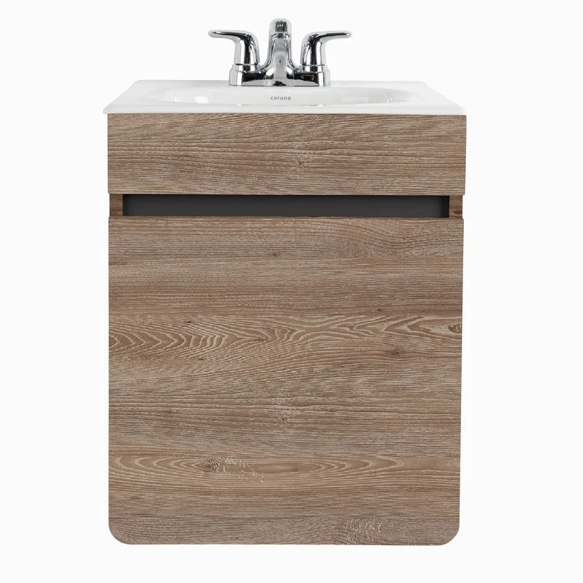 Combo Renueva: Sanitario Ecoclean Alongado Blanco De 2 Piezas + Mueble Aluvia Miel Elevado 45 Cm Con Lavamanos + Grifería Aluvia 4 Pulgadas Corona