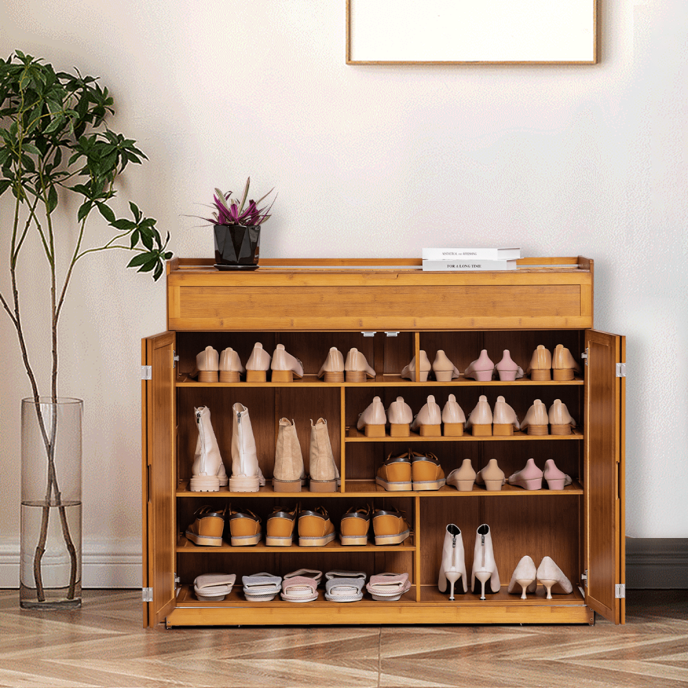 Organizador de zapatos de bambú de 6 niveles con 30 pares de zapatos y compartimento con puerta plegable para tacones y botas, color marrón