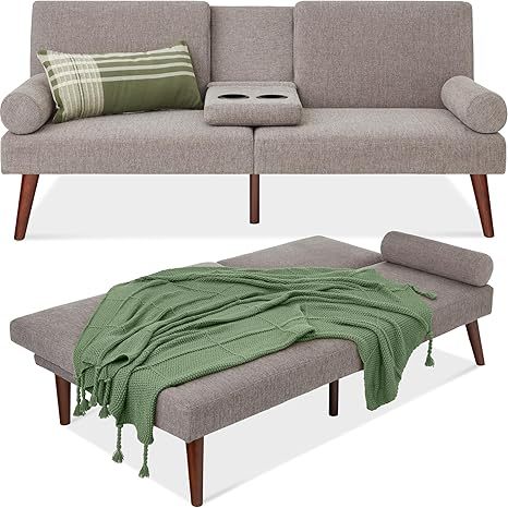 Futón tapizado moderno de mediados de siglo, sofá cama plegable convertible, 2 portavasos