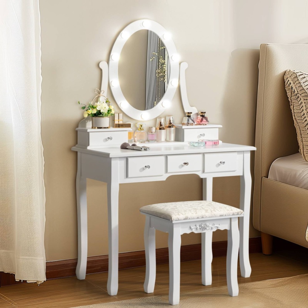Tocador de Maquillaje con 10 Luces LED - Mesa de Vanity con 5 Cajones + Banco Acolchado - Juego Blanco para Dormitorio