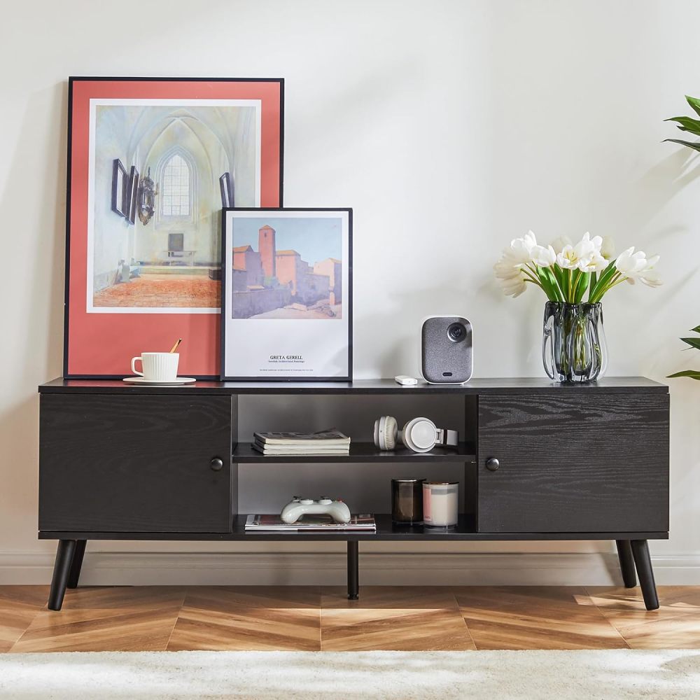 Soporte de TV para TV de 55 a 60 Pulgadas, Centro de Entretenimiento con clóset de Almacenamiento, Mesa Moderna de Consola Multimedia de Mediados de Siglo, bisagra Ajustable, Muebles de
