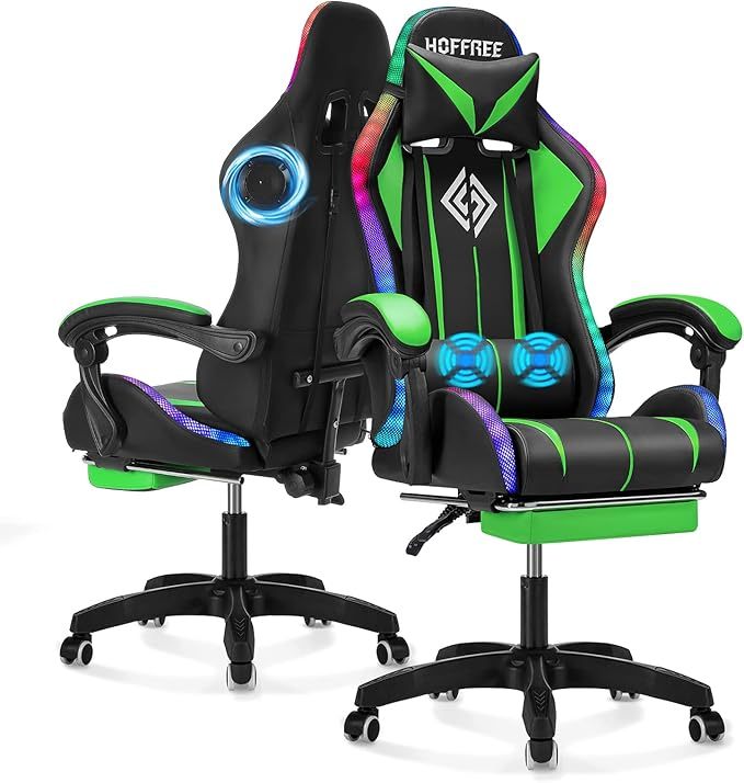 Silla para Juegos con Altavoces Bluetooth y Luces LED RGB, Silla ergonómica de Videojuegos de Masaje con reposapiés de Respaldo Alto con Soporte Lumbar Azul y Negro