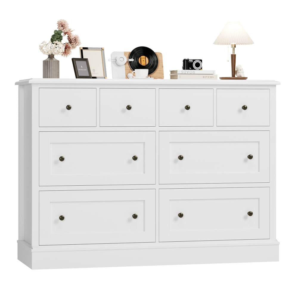 Cómoda horizontal combinada de 8 cajones para dormitorio, cómoda blanca moderna, mueble de almacenamiento de madera para sala de estar