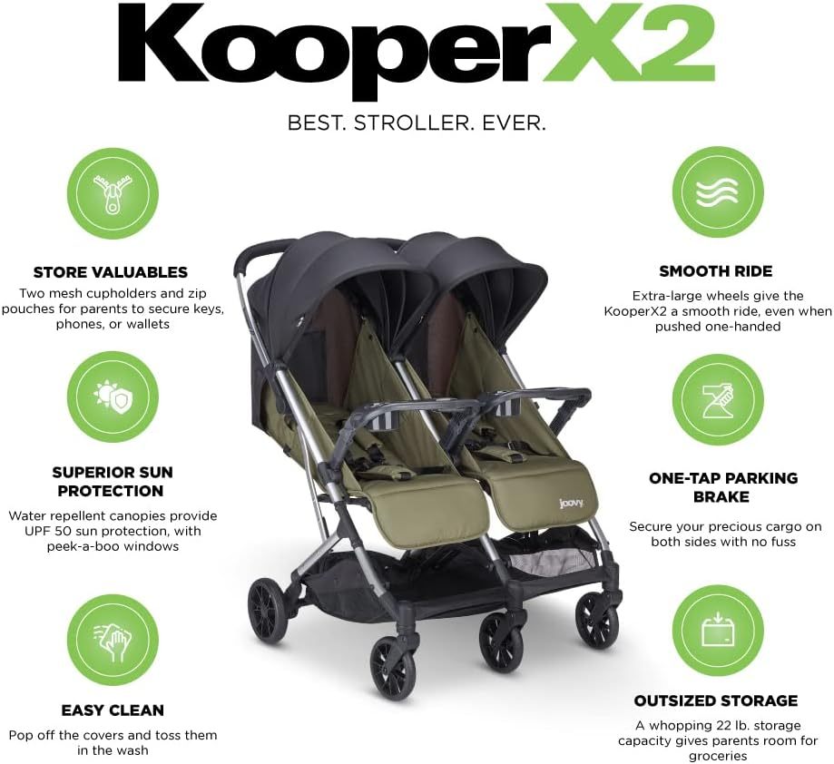Joovy Kooper X2 carriola doble, carriola de viaje ligero, plegable compacto con bandeja