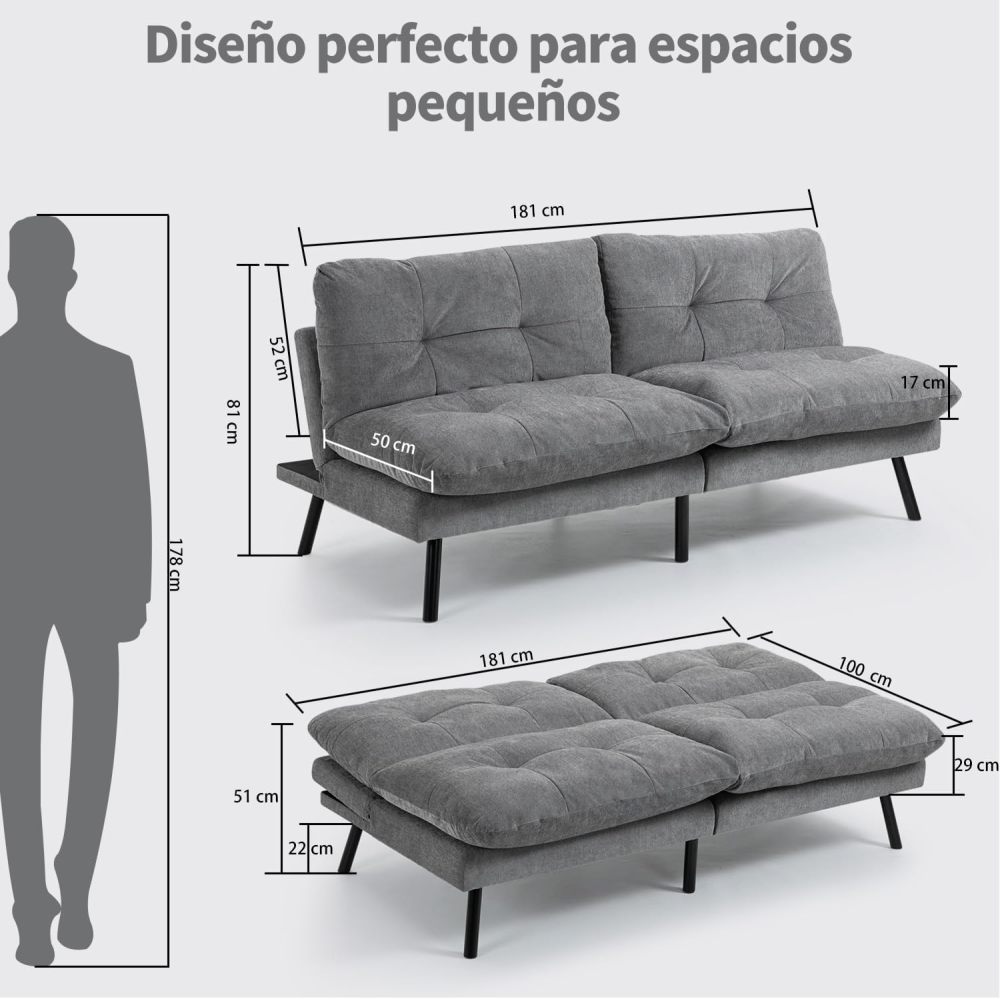 Sofá Cama de 2 Plazas, Sofá de Dos Usos Futon de Estilo Moderno, con Respaldo Doble Ajustable de 120 a 180 Grados, Salas de Estar y Dormitorios, Tela de Lino, Gris