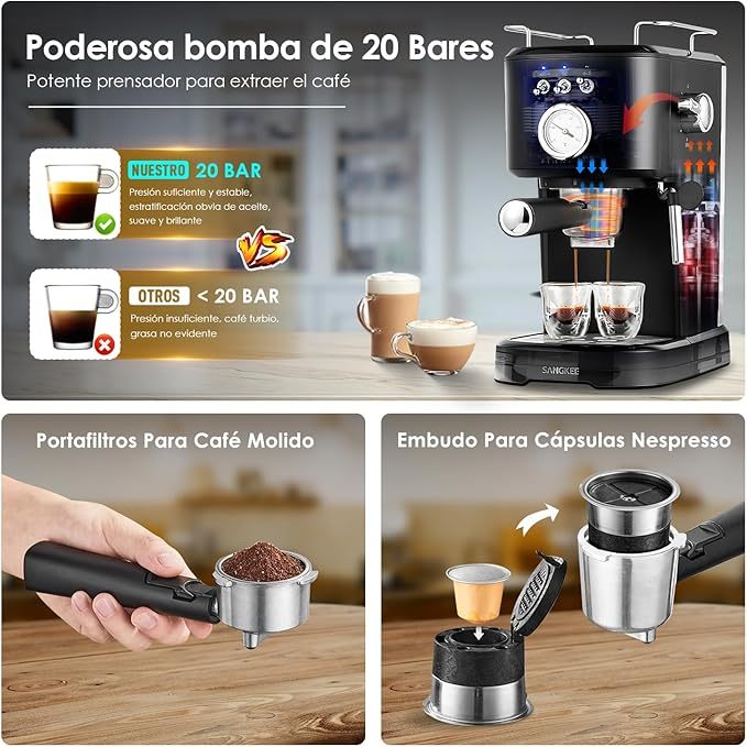 Máquina de Espresso y Capuchino 20 Bares, Cafetera Cápsulas y Café Molido con Espumador de Leche (ESS2)