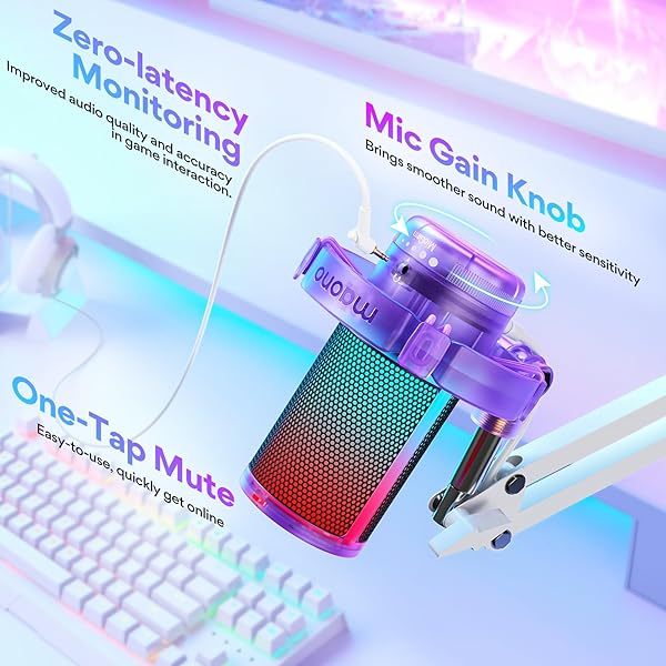Micrófono USB para juegos, micrófono de condensador con cancelación de ruido, silenciador, ganancia, monitoreo y brazo articulado para transmisión