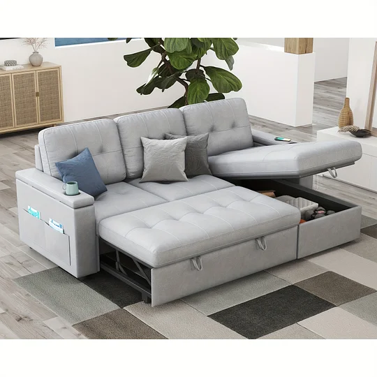 Sofá cama capitoné extra grande de 84" con almacenamiento - 2 puertos USB, portavasos, sillón reclinable en forma de L, estructura de madera maciza y estilo contemporáneo - Gris claro