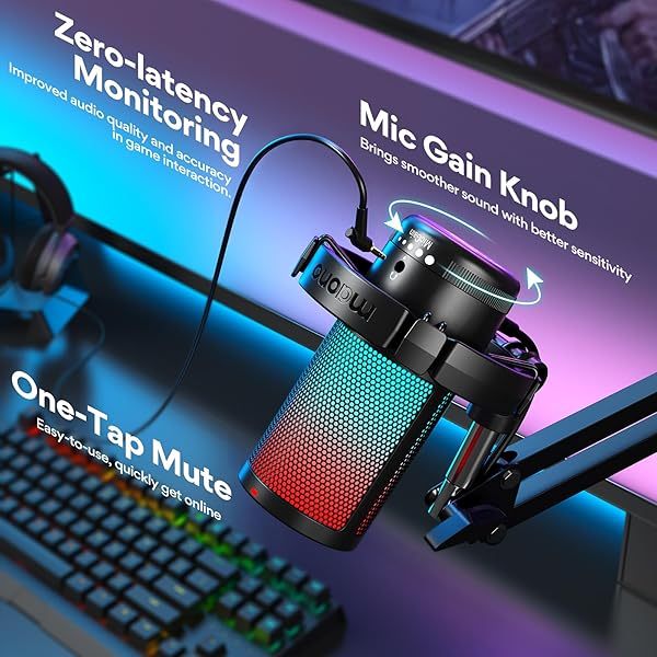Micrófono USB para juegos, micrófono de condensador con cancelación de ruido, silenciador, ganancia, monitoreo y brazo articulado para transmisión